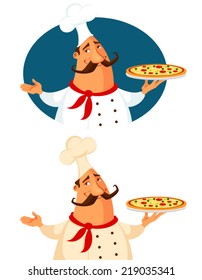 funny illustration of a pizza chef. Italian cook holding a delicious pizza. Cartoon character. Isolated on white. Vector eps file.