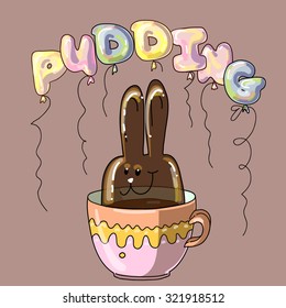 Funny illustration. Pudding in the form of a bunny. Sweet dessert. Text in form balloons. All elements on separate layers, it is convenient to edit. 