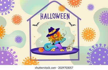 Funny Illustration Of A Pumpkin For Halloween In The Context Of The Coronavirus. Bacterial Background Around The House. Take Care Of Yourself, Celebrate Holidays At Home In A Narrow Circle. Vector.