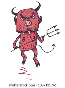 Funny illustration with a red cartoon devil - Vector