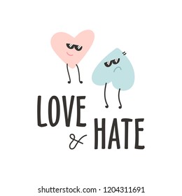 Funny illustration of relationships isolated on white background. Banner square template with two vector cartoon hearts as symbol of love and hate.