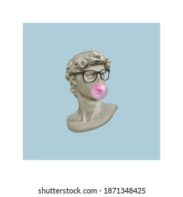 Funny illustration renaissance david sculpture blowing a pink chewing gum bubble. Isolated on blue background.