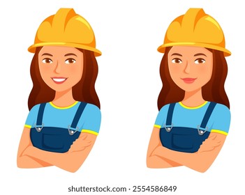 funny illustration of a repairwoman or construction worker with safety hat. Young woman in blue work trousers, with her arms crossed. Cartoon character. Isolated on white.