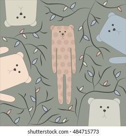 Funny illustration of sad bear standing in decorative bushes