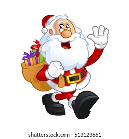 Funny illustration of Santa Claus, he carries a sack with presents