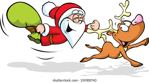 Funny Illustration Of Santa And Reindeer Flying