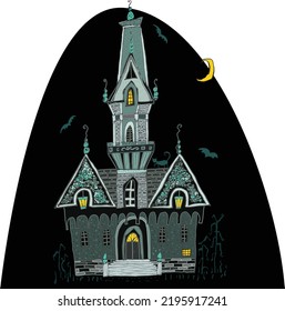 
funny illustration of a scary house in Victorian style. House of witches or horror, with bats flying around and a black cat on the roof under the moon. Halloween illustration
