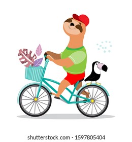 Funny illustration with sloth and toucan on a bicycle on a white background. Isolated summer concept