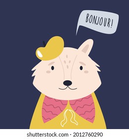 Funny illustration of smiling fox artist wearing beret saying BONJOUR.