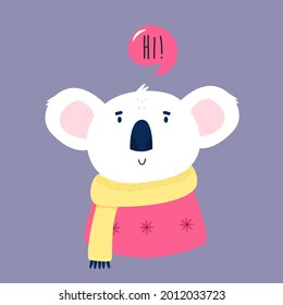 Funny illustration of smiling koala wearing scarf saying HI