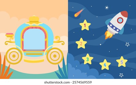 Funny illustration of a space rocket and a royal carriage 