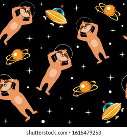 Funny illustration with space sloths on a black background seamless pattern for children