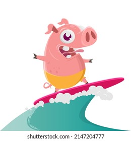 funny illustration of a surfing cartoon pig