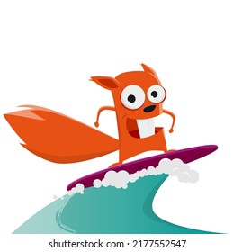 funny illustration of a surfing cartoon squirrel