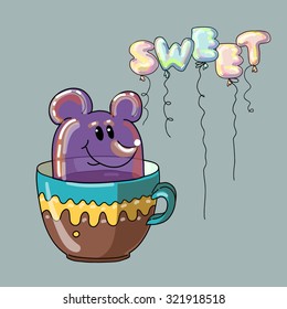 Funny illustration. The sweetness in the form of a mouse. Sweet dessert in a cup. Text in form balloons. All elements on separate layers, it is convenient to edit. 