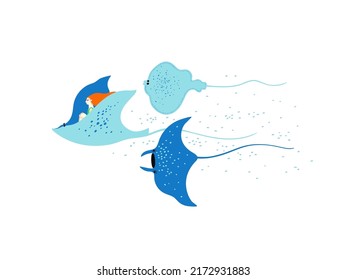 Funny illustration with swimming stingrays and a girl. T-shirt design print or marine poster.