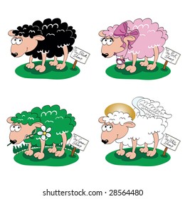Funny illustration that shows four sheep of different colors: black, green, pink and white