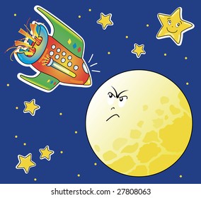 Funny illustration that shows the meeting between a spaceship and the Moon