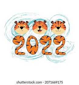 funny illustration with tiger heads and numbers 2022, new year composition for the coming year of the tiger and striped print for print or web banners