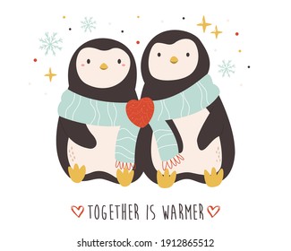 Funny illustration of two cute penguing. Romantic animal characters. St Valentines greeting card