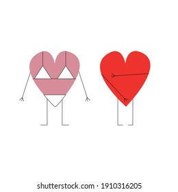 Funny illustration - two hearts, one pink in a swimsuit, the other undressed, covered with hands