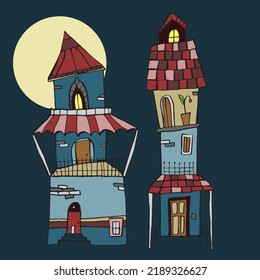 funny illustration of two imaginary, fantastic, magical, crooked, with secret rooms, balconies and tavern, autumn plants, witch house and gnomes, little house in the woods