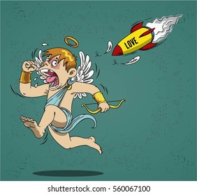 Funny Illustration Of A Valentine's Themed. Cupid Run Vector Isolated