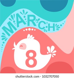 Funny illustration vector pink blue card 8 march and bird