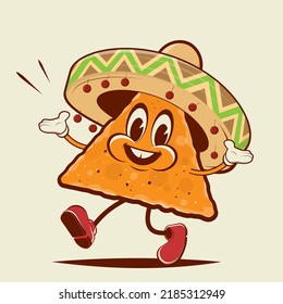 funny illustration of a walking cartoon nacho with sombrero