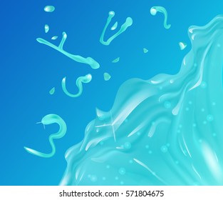 Funny illustration with water splash. Cartoon style. Water word Lettering. Transparent and shiny water splashes. Water spurting fountain