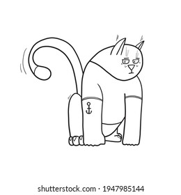 Funny illustration of a weightlifting cat, jock cat, mascot, logo, avatar for design or textile print