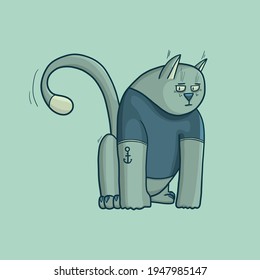 Funny illustration of a weightlifting cat, jock cat, mascot, logo, avatar for design or textile print