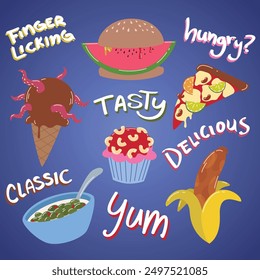 Funny illustration of weird offbeat foods. Weird crazy mismatched foods. Octopus ice cream watermelon hamburger lime beans pizza olives cereal pasta muffin sausage banana. Flat colors