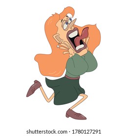 Funny illustration with yelling woman runs away in panic vector