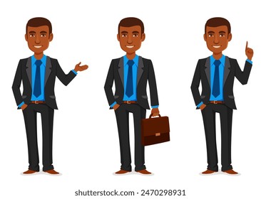 funny illustration of a young African American businessman wearing elegant black suit and blue shirt. Successful manager, teacher or lawyer, smiling and gesturing. Cartoon character, isolated on white