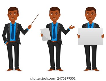 Una divertida ilustración de un joven empresario afroamericano que lleva un elegante traje negro y una camisa azul. Gerente, asesor o abogado exitoso, sonriente y con gestos. Personaje de dibujos animados, aislado en blanco