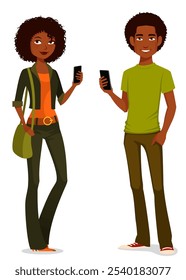 funny illustration of young black people in casual street fashion, teenagers or students. Young woman and man in jeans, using a mobile phone. Isolated on white.