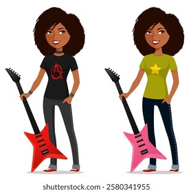 Funny illustration of a young black woman with natural hair holding a guitar. Cool African American girl, musician or singer, wearing jeans and t-shirt. Cartoon character. Isolated on white.