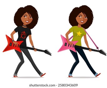 Funny illustration of a young black woman with natural hair playing guitar. Cool African American girl, musician or singer, wearing jeans and t-shirt. Cartoon character. Isolated on white.