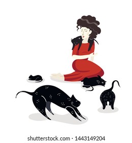 funny illustration of a young curly brunette in red dress sitting with her five black cats around her. 