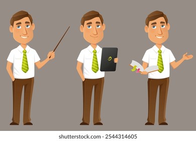 funny illustration of a young handsome businessman, teacher or lawyer wearing white shirt with short sleeves, smiling while holding a pointer, tablet or book. Cartoon character.