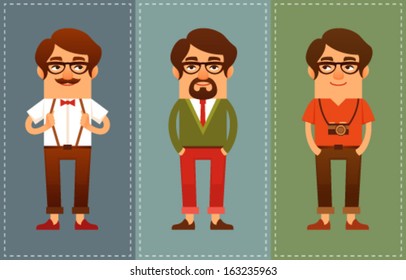 funny illustration of a young man dressed in hipster fashion. Cool young guy with beard of mustache, wearing glasses. Cartoon character.