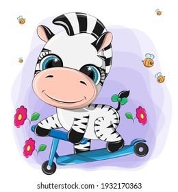 Funny illustration of a zebra on a scooter. Vector images of an animal that is riding a scooter and he really likes it, you can see it by his smile.