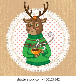 funny illustration.Cute deer with cup of drink on napkin