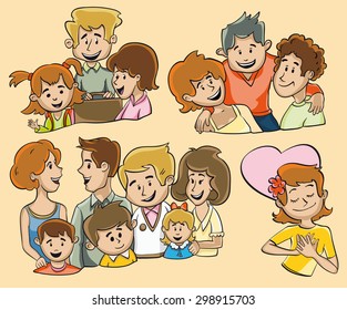 Funny illustrations of groups of people. Family. A group of two families. Friends. A girl in love.