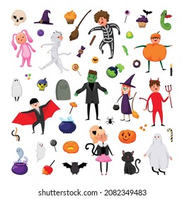Funny illustrations for halloween day. Characters and accessories of the holiday.