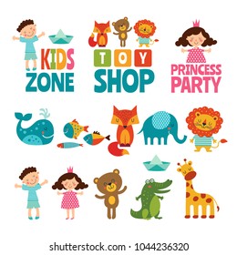 Funny illustrations of kids and animals. Vector logos for childrens. Toy shop logo, kids zone emblem, crocodile and fish, giraffe and elephant illustration