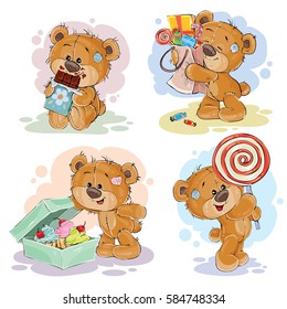 Funny illustrations with teddy bear on the theme of love for sweets