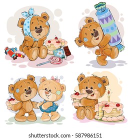 Funny illustrations with teddy bear on the theme of love for sweets