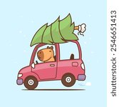 Funny image of a Capybara driving a car with a Christmas tree on the roof. Vector cartoon illustration